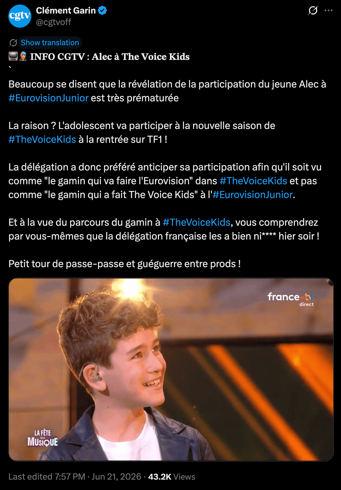 CGTV annonce en exclusivité la participation d'Alec à The Voice Kids.
