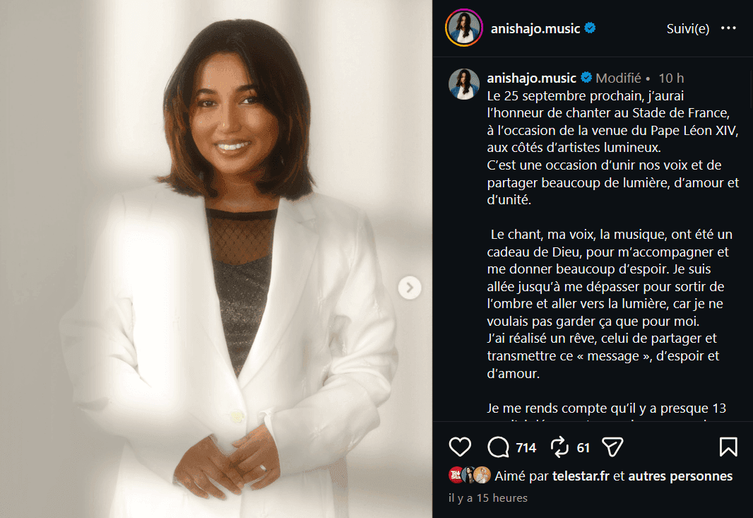 "Star Academy" : Anisha Jo, gagnante de la saison 10, choisie pour chanter devant le pape Léon XIV