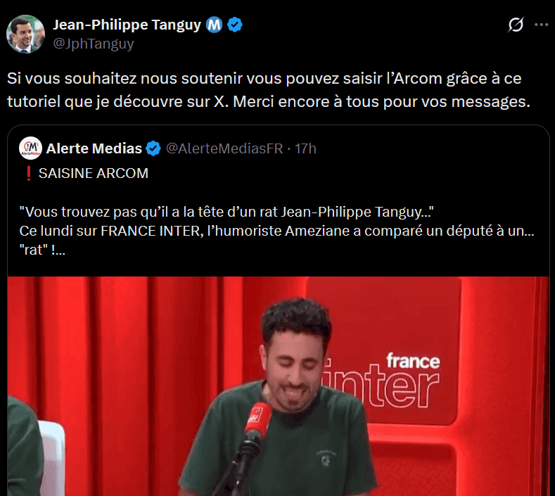Jean-Philippe Tanguy saisit l'Arcom après avoir été traité de "rat" par un humoriste de France Inter