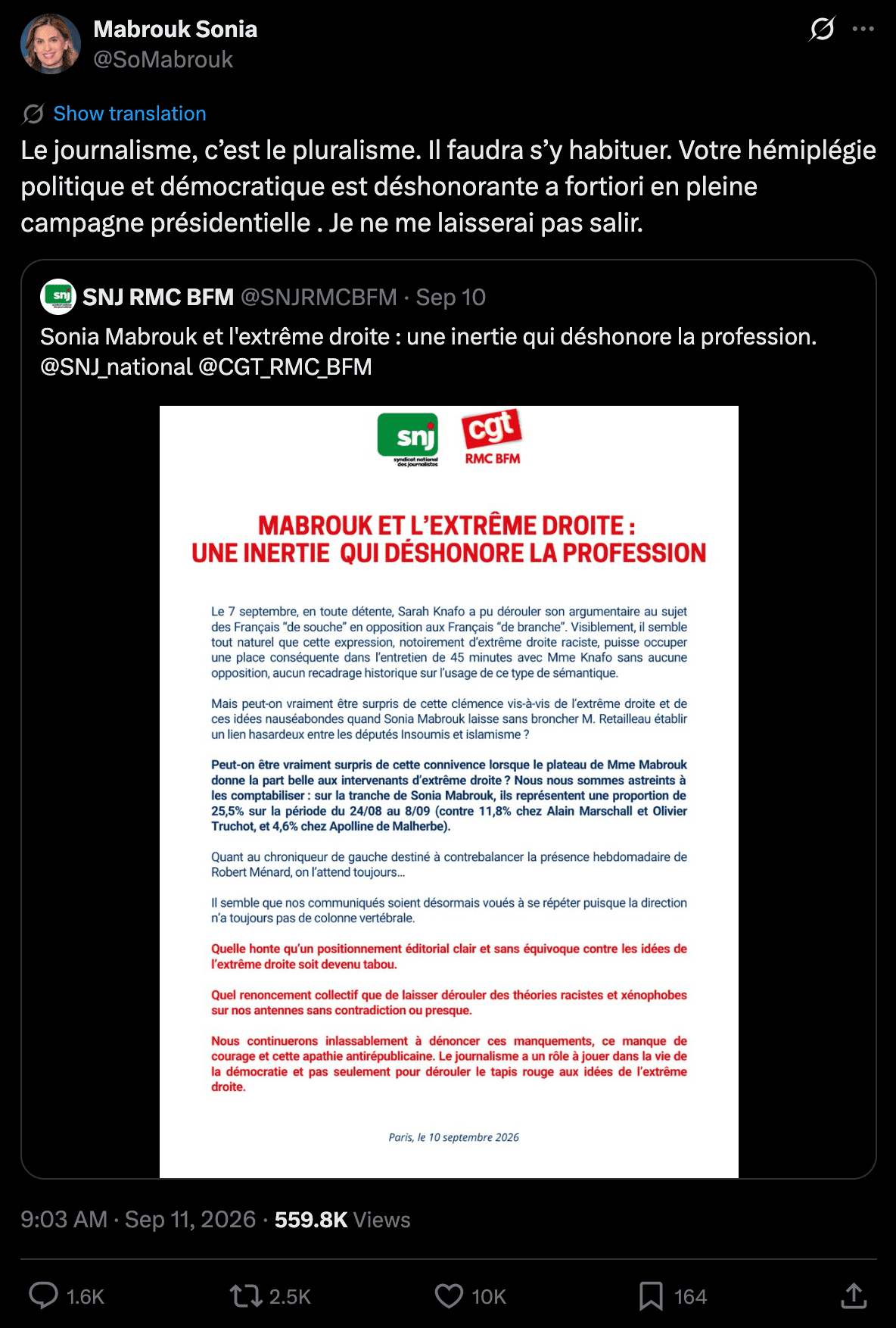 Sonia Mabrouk a répondu aux critiques du SNJ et de la CGT RMC BFM sur X.