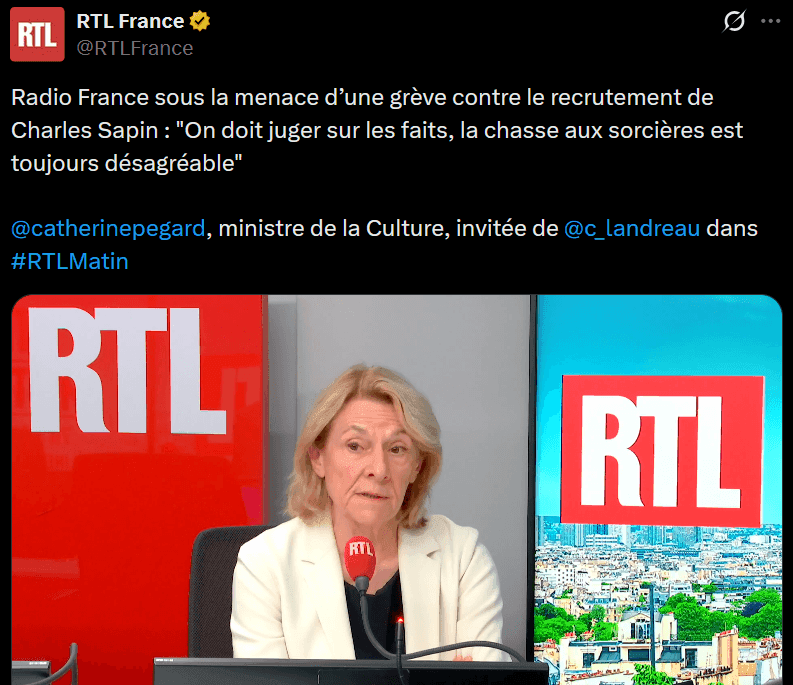 Charles Sapin (Valeurs Actuelles) sur France Inter : Catherine Pégard, ministre de la Culture, s'en mêle et dénonce "une chasse aux sorcières"