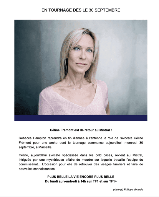 Rebecca Hampton reprend dès aujourd'hui les tournages de "Plus belle la vie"
