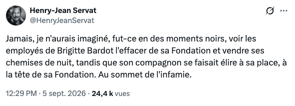 "Au sommet de l'infâmie" : Henry-Jean Servat porte de lourdes accusations contre le veuf de Brigitte Bardot