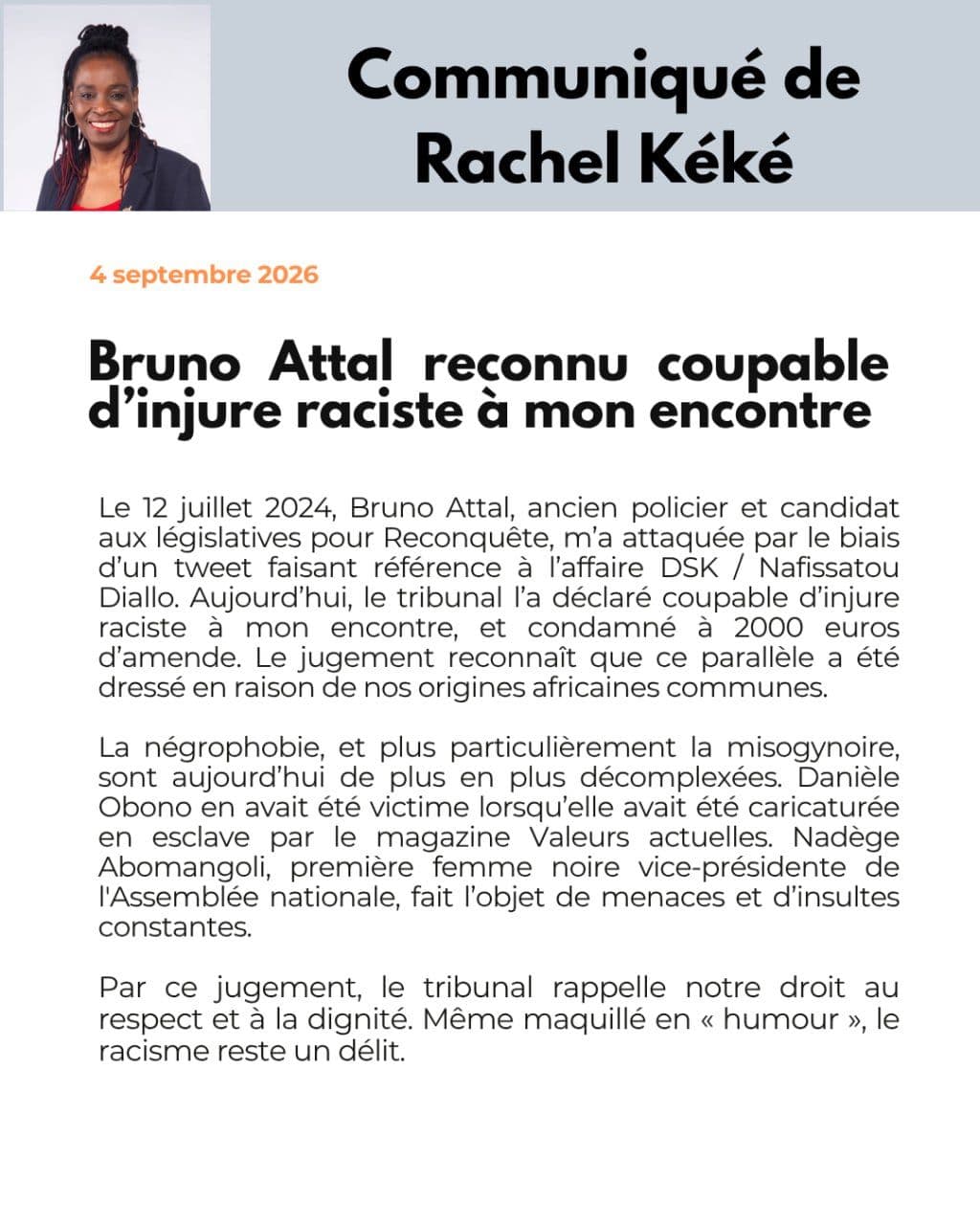 Rachel Kéké se félicite de la condamnation de Bruno Attal