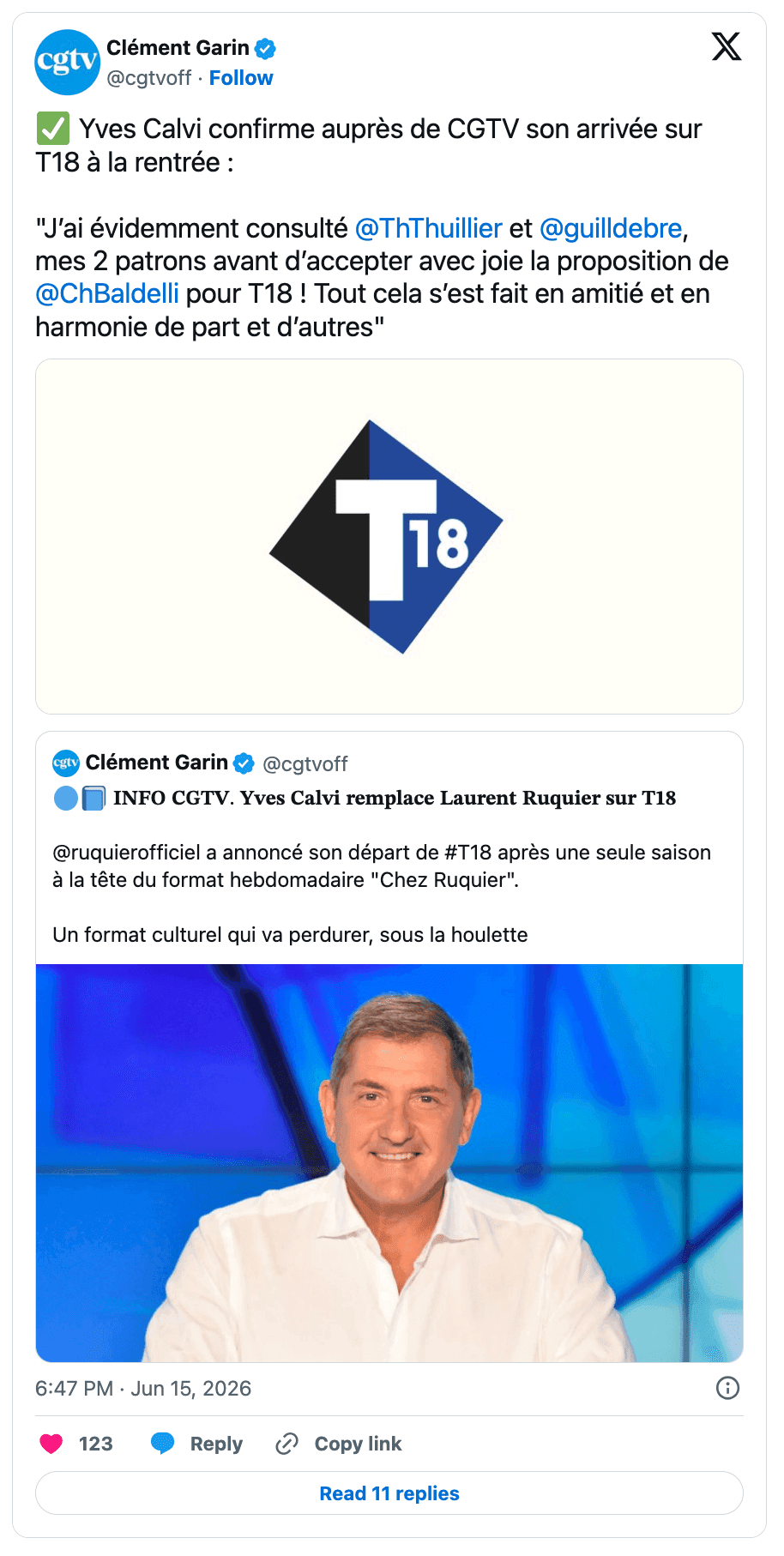 Yves Calvi avait confirmé son arrivée sur T18 auprès de CGTV en juin dernier.